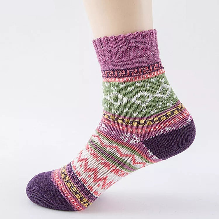 Anysox 5 Pairs Size 5-9 of Fashion Thick Warm wool Women Socks Purple Colored Casual National Wind Flower Designed Cotton For Men Woman Foot Accessories-Socks-PEROZ Accessories