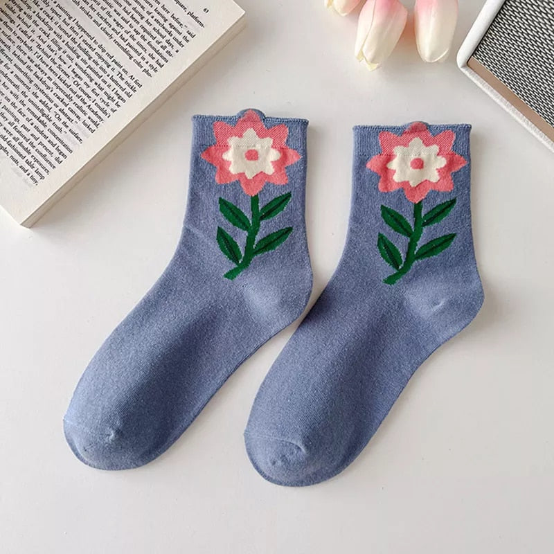 Anysox 5 Pairs One Size 5-8 Blue Lotus Style Cartoon Flower With Candy Color Kawaii Mid Tube Breathable Casual Short Socks For Women-Socks-PEROZ Accessories