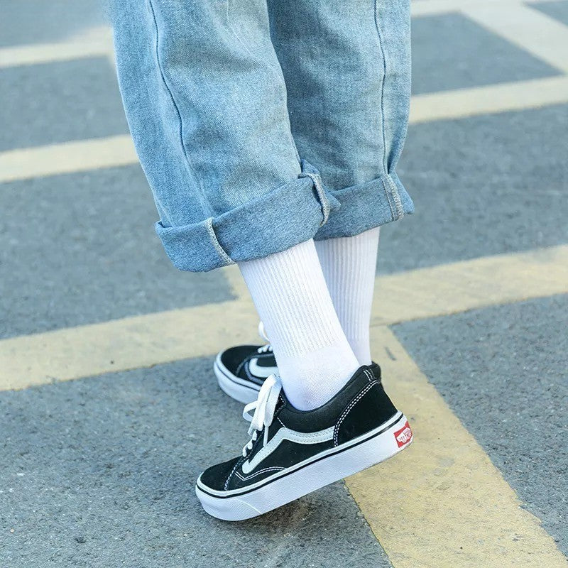Anysox 5 Pairs White Size 4-5 Sports Socks Solid Colors Cotton Skateboard Knitted Casual Unisex-Socks-PEROZ Accessories