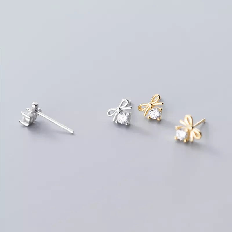 Anyco Fashion Earrings Gold 925 Sterling Silver Sweet Bowknot Crystal Zircon Small Stud for Women Ladies Jewelry-Earrings-PEROZ Accessories