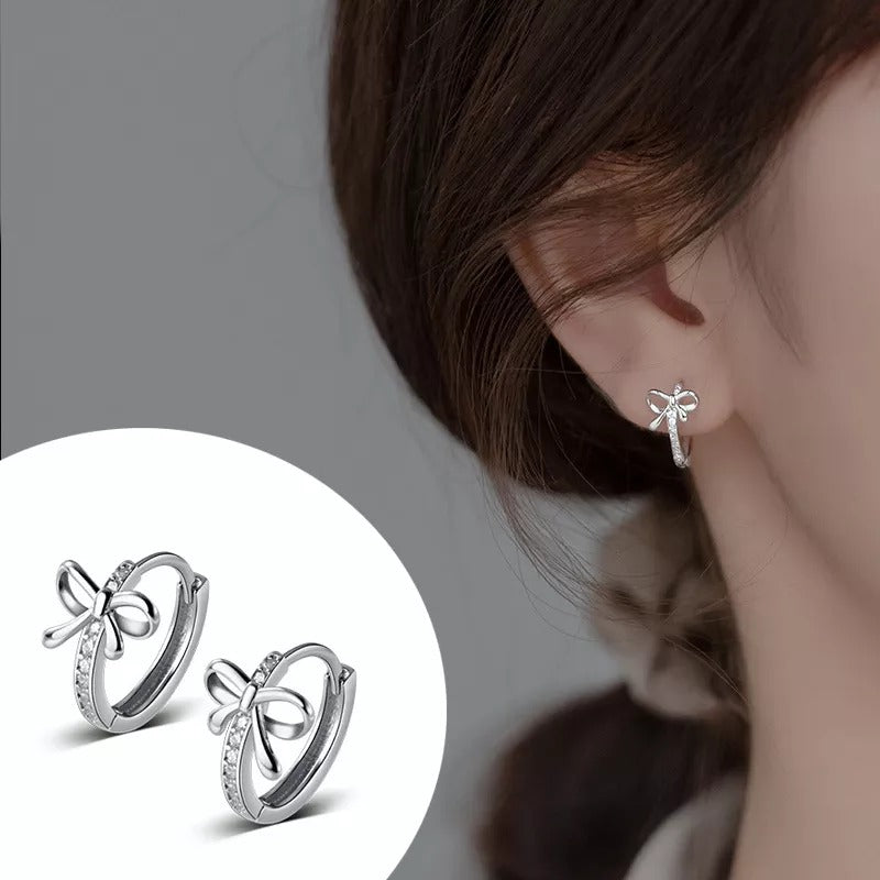 Anyco Fashion Earrings Silver 925 Sterling Sweet Bow Shiny Zircon Ear Buckle Charm Women Wedding Huggies Butterfly Hoop Jewelry-Earrings-PEROZ Accessories