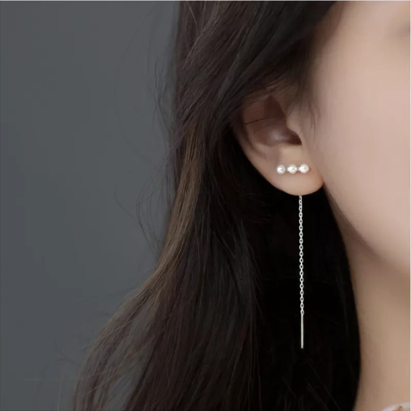 Anyco Fashion Earrings 925 Sterling Silver Simple Synthetic Pearl Chain Tassel Long Ear Line for Women Cute Party Jewelry Gift-Earrings-PEROZ Accessories