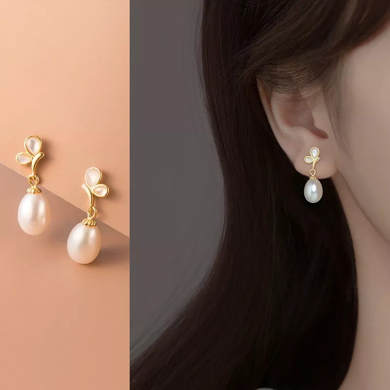 Anyco Fashion Earrings Gold 925 Sterling Silver Elegant Synthetic Pearl Butterfly Pendant Charm for Women Jewelry-Earrings-PEROZ Accessories