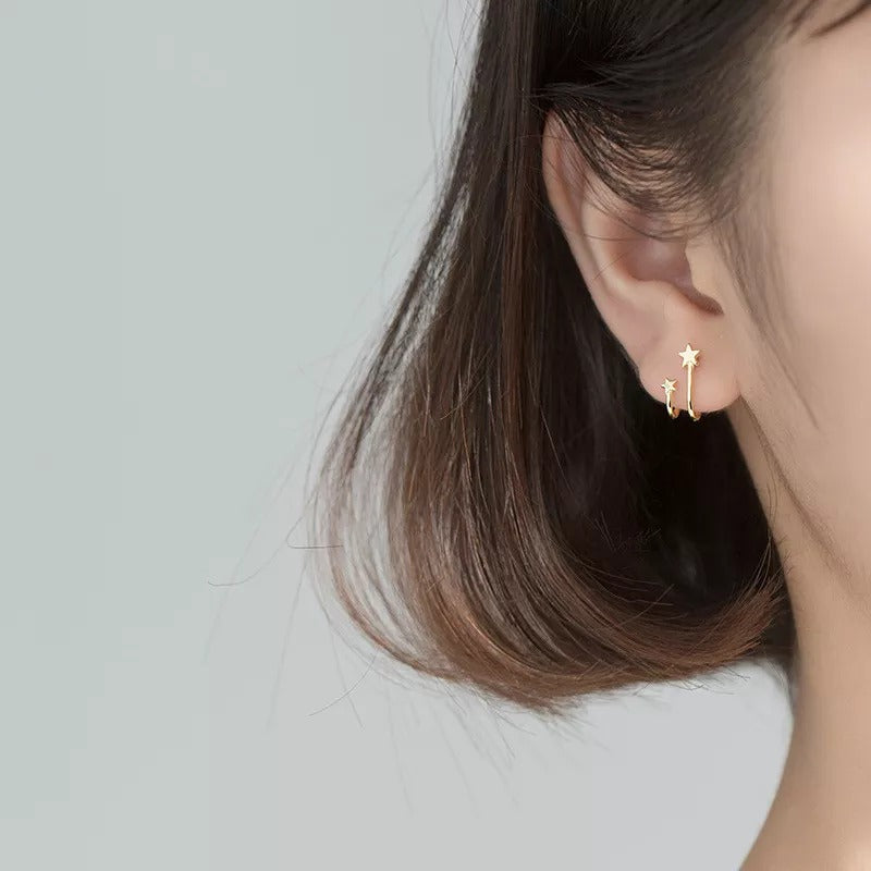 Anyco Fashion Earrings Real Gold Double Star Geometric Studs Teen Gift Fine Jewelry for Women-Earrings-PEROZ Accessories