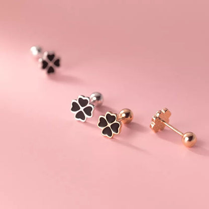 Anyco Fashion Earrings Sterling Silver Chic Black Zircon Four-leaf Clover Spiral Bead Stud for Women Party Wedding Jewelry-Earrings-PEROZ Accessories