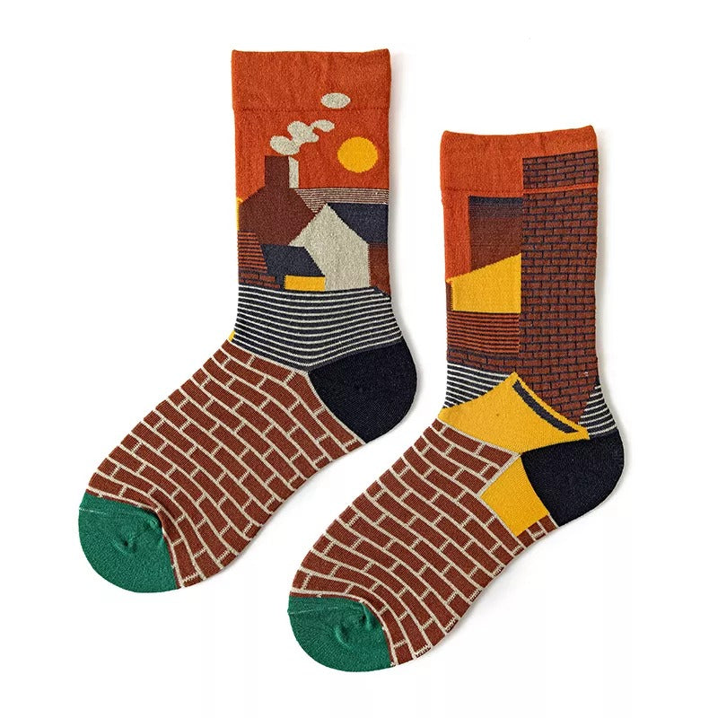 Anysox 5 Pairs Size 5-9 of Fashion Long Sock Cartoon Personalized Creative Nature City Painting For Men Woman Foot Cold Winter Warm Comfortable-Socks-PEROZ Accessories