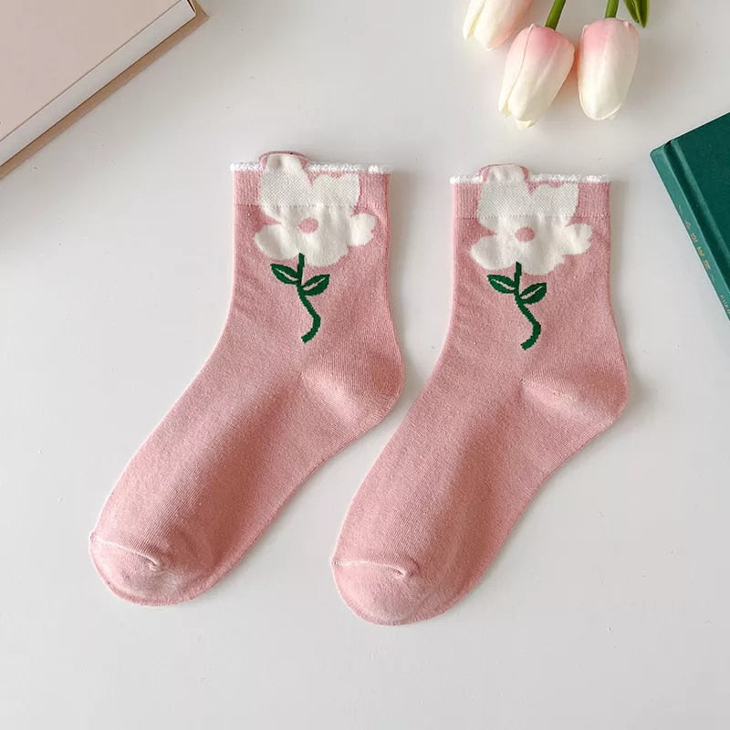 Anysox 5 Pairs One Size 5-8 Pink Magnolia Style Cartoon Flower With Candy Color Kawaii Mid Tube Breathable Casual Short Socks For Women-Socks-PEROZ Accessories