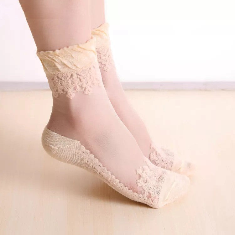 Anysox 5 Pairs Size 5-9 Fashion Socks Summer Lace Embroidery Breathable Silk Transparent Glass Crystal Stretch for Women Beige-Socks-PEROZ Accessories