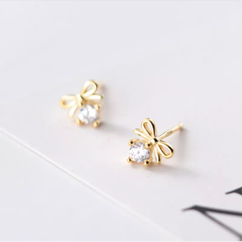 Anyco Fashion Earrings Gold 925 Sterling Silver Sweet Bowknot Crystal Zircon Small Stud for Women Ladies Jewelry-Earrings-PEROZ Accessories