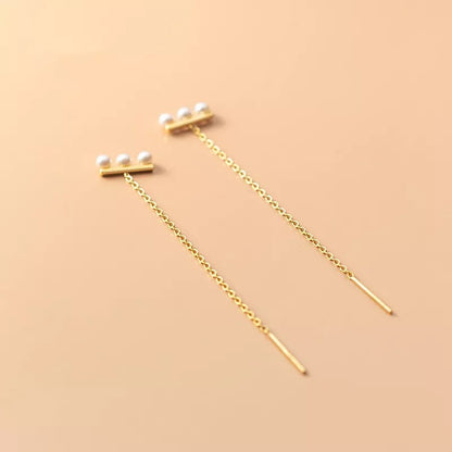 Anyco Fashion Earrings Gold 925 Sterling Simple Synthetic Pearl Chain Tassel Long Ear Line for Women Cute Party Jewelry Gift-Earrings-PEROZ Accessories