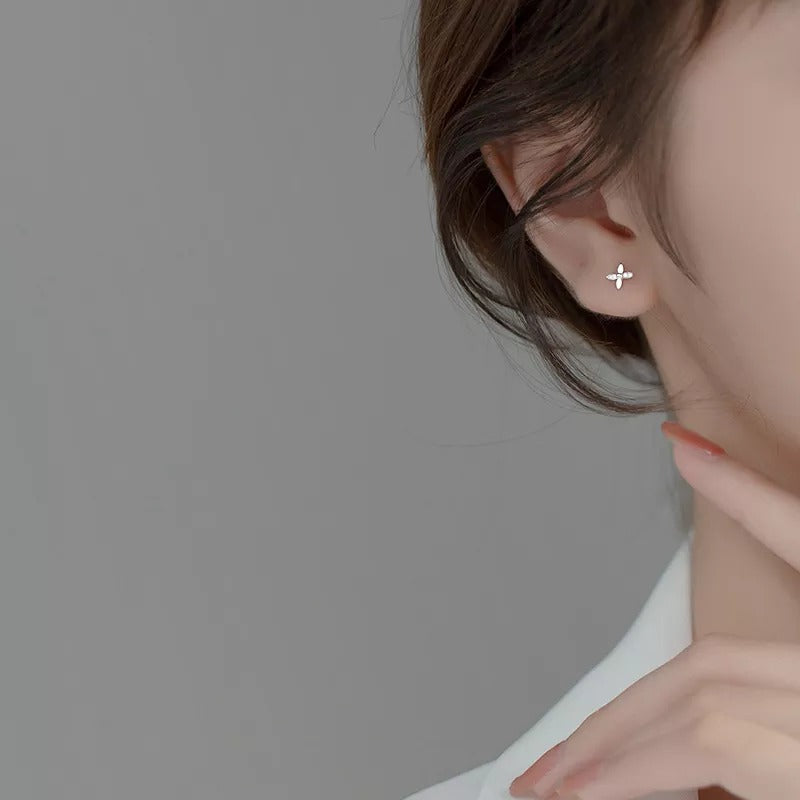 Anyco Fashion Earrings 925 Sterling Silver Simple CZ Zircon Classic Cross Four Petal Flower Stud for Women Teen Birthday Jewelry Gift-Earrings-PEROZ Accessories