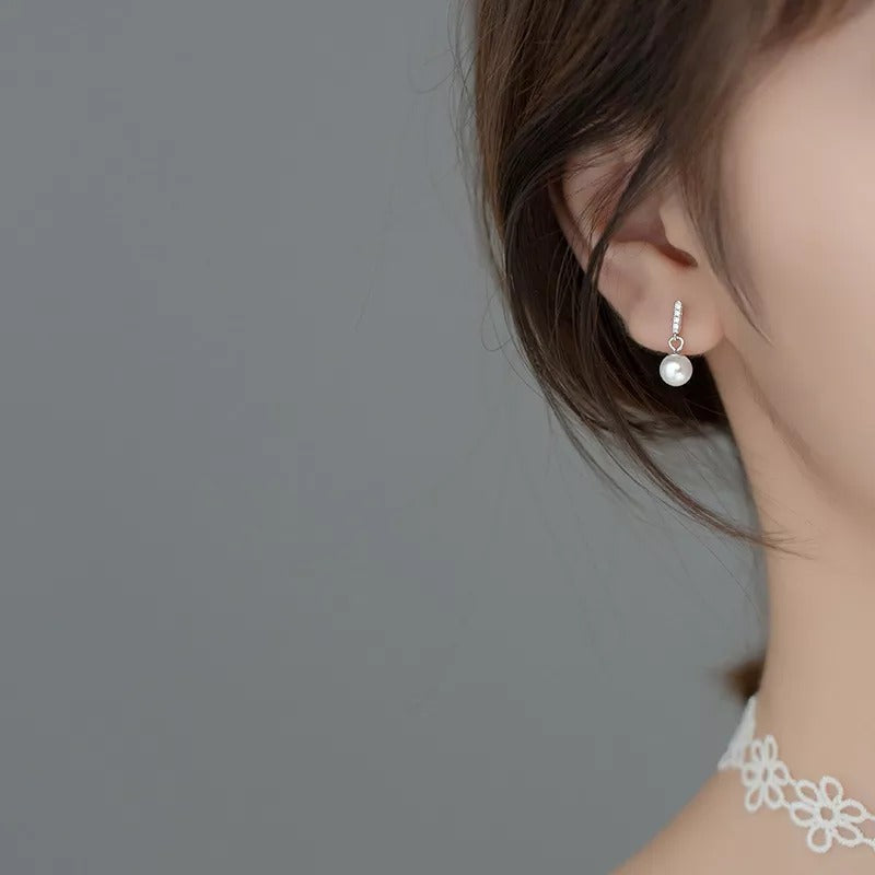 Anyco Fashion Earrings Sterling Silver Trendy Pave Zircon Pearl Pendant Stud for Women Chic Charm Party Jewelry Accessories-Earrings-PEROZ Accessories