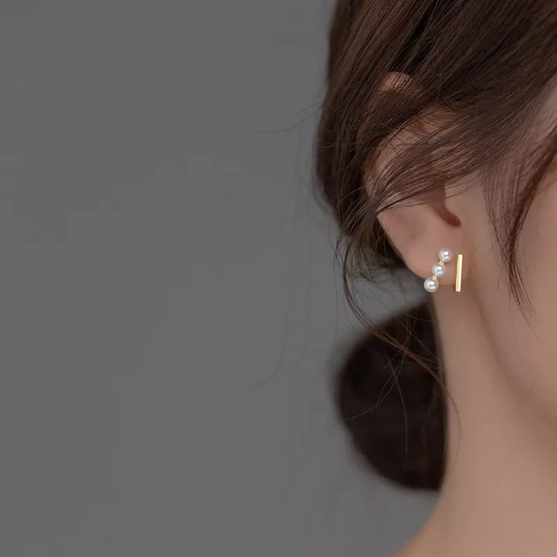 Anyco Fashion Earrings Gold 925 Sterling Silver Simple Double Statement Synthetic Pearl Stud for Women Jewelry-Earrings-PEROZ Accessories