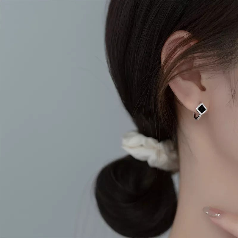 Anyco Fashion Earrings Silver 925 Sterling Luxury Gothic Black Enamel Diamond Huggies Hoop Women Jewelry-Earrings-PEROZ Accessories