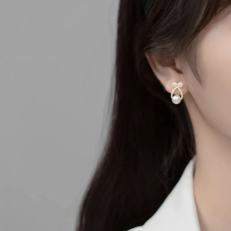 Anyco Fashion Earrings Gold 925 Sterling Silver Shiny Zircon Bow Natural Pearl Hollow Stud for Women Jewelry-Earrings-PEROZ Accessories