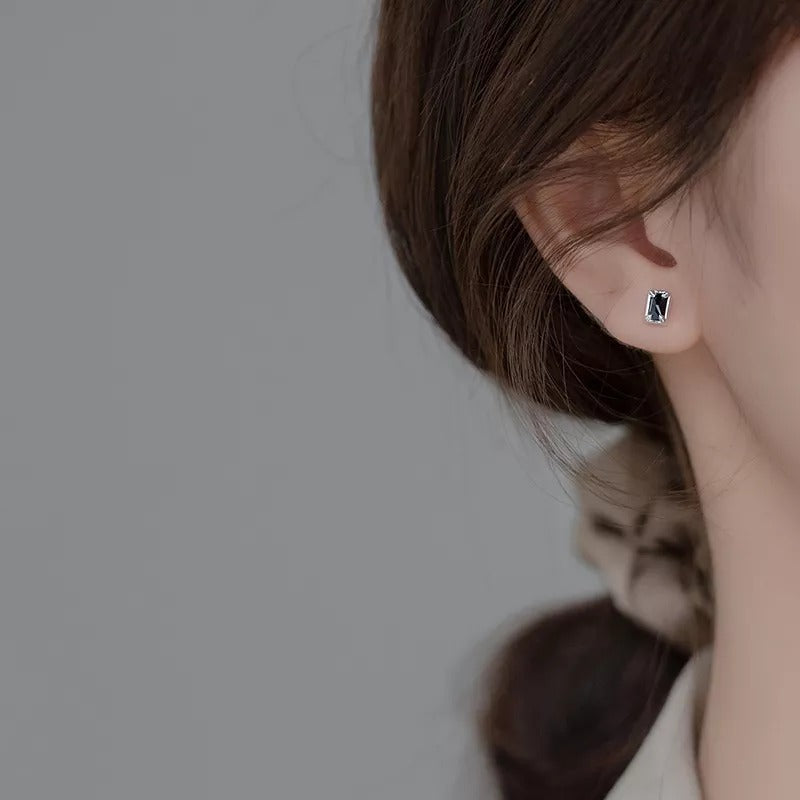 Anyco Fashion Earrings Silver 925 Sterling Black Luxury Zircon Simple Square Small Stud for Women Jewelry-Earrings-PEROZ Accessories