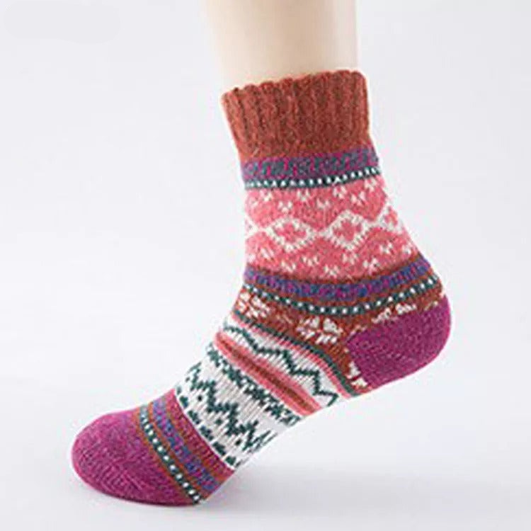 Anysox 5 Pairs Size 5-9 of Fashion Thick Warm wool Women Socks Burgundy Colored Casual National Wind Flower Designed Cotton For Men Woman Foot Accessories-Socks-PEROZ Accessories
