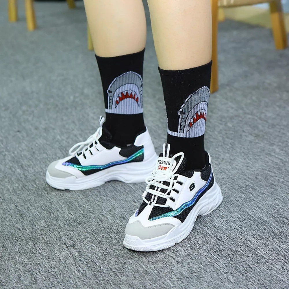 Anysox 5 Pairs Size 4-9 Black Sports Socks Long Casual Shark Print Hip-hop breathable Unisex Skateboard Knitted Casual Sports Fashion-Socks-PEROZ Accessories