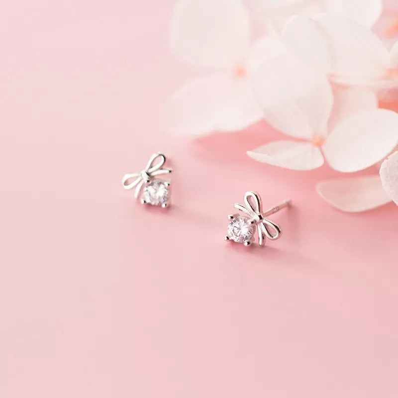 Anyco Fashion Earrings Silver 925 Sterling Sweet Bowknot Crystal Zircon Small Stud for Women Ladies Jewelry-Earrings-PEROZ Accessories
