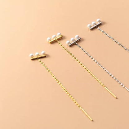 Anyco Fashion Earrings Gold 925 Sterling Simple Synthetic Pearl Chain Tassel Long Ear Line for Women Cute Party Jewelry Gift-Earrings-PEROZ Accessories