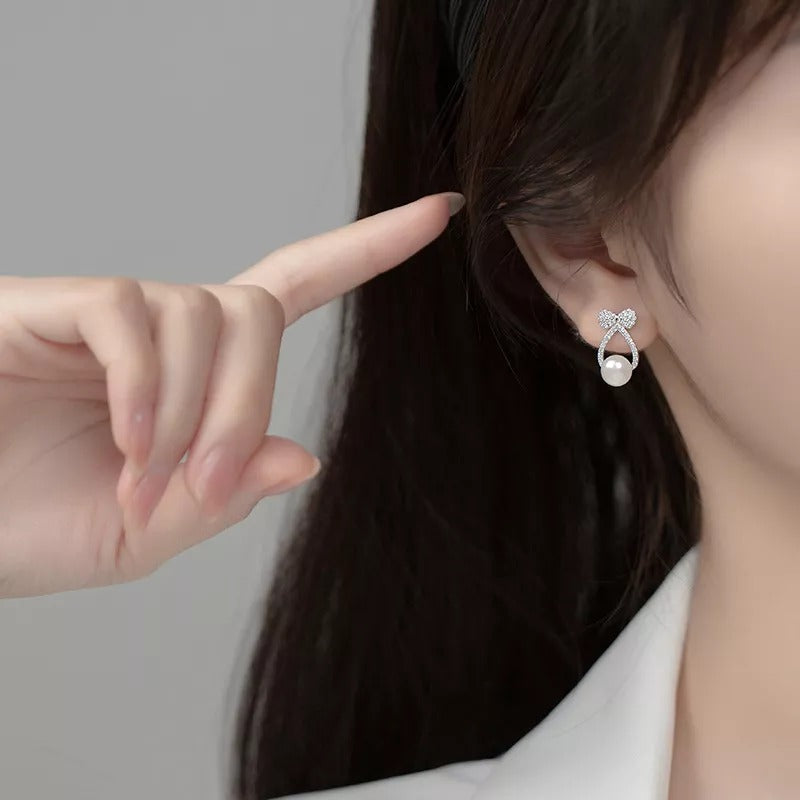 Anyco Fashion Earrings Silver 925 Sterling Shiny Zircon Bow Natural Pearl Hollow Stud for Women Jewelry-Earrings-PEROZ Accessories