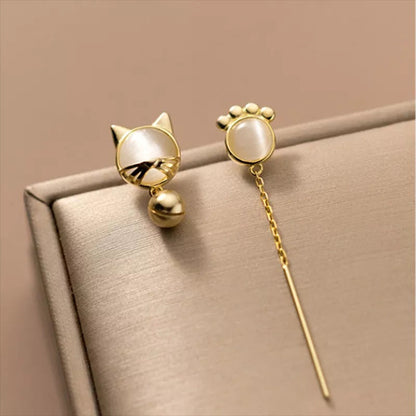 Anyco Fashion Earrings Gold 925 Sterling Silver Unique Cat Claw Chain Tassel Bell for Women Cute Cat Jewelry-Earrings-PEROZ Accessories