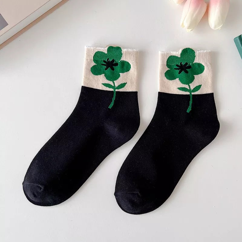 Anysox 5 Pairs One Size 5-8 Black Lily Style Cartoon Flower With Candy Color Kawaii Mid Tube Breathable Casual Short Socks For Women-Socks-PEROZ Accessories