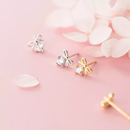 Anyco Fashion Earrings Gold 925 Sterling Silver Sweet Bowknot Crystal Zircon Small Stud for Women Ladies Jewelry-Earrings-PEROZ Accessories