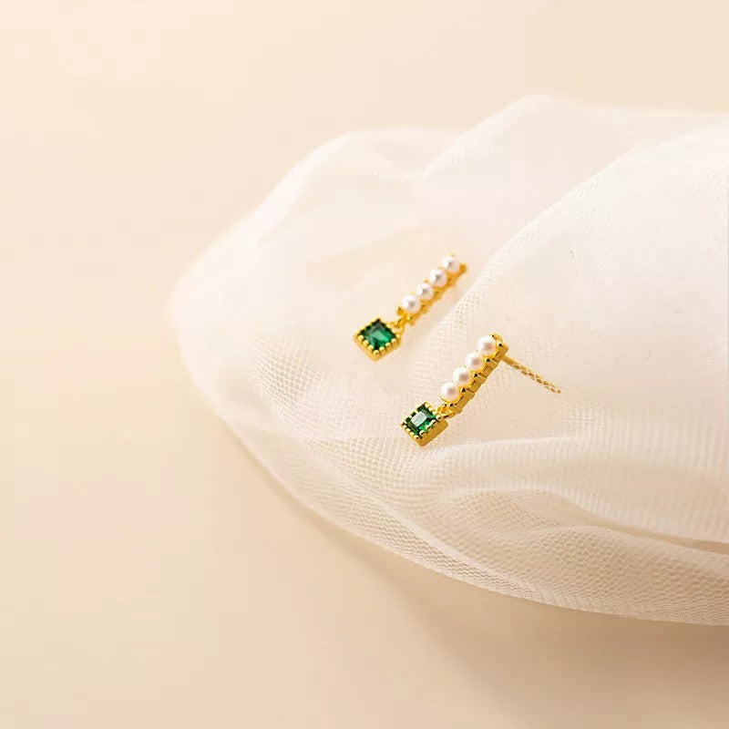 Anyco Fashion Earrings Gold 925 Sterling Simple Luxury Green Zircon Pearl Pendant Stud for Women Spanish Wedding Fine Jewelry-Earrings-PEROZ Accessories