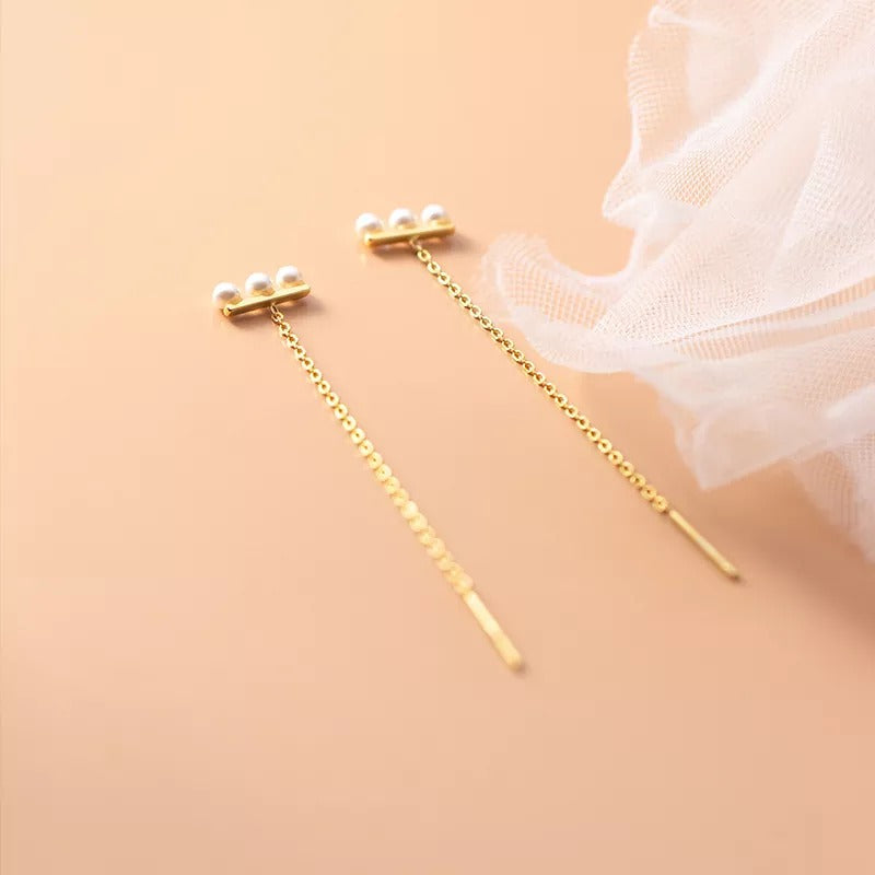 Anyco Fashion Earrings Gold 925 Sterling Simple Synthetic Pearl Chain Tassel Long Ear Line for Women Cute Party Jewelry Gift-Earrings-PEROZ Accessories
