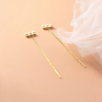 Anyco Fashion Earrings Gold 925 Sterling Simple Synthetic Pearl Chain Tassel Long Ear Line for Women Cute Party Jewelry Gift-Earrings-PEROZ Accessories