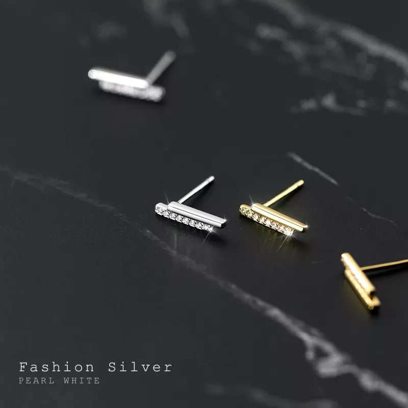 Anyco Fashion Earrings Sterling Silver Strip Shiny Zircon Small Stud Simple Unique Elegant Party Jewelry for Women-Earrings-PEROZ Accessories