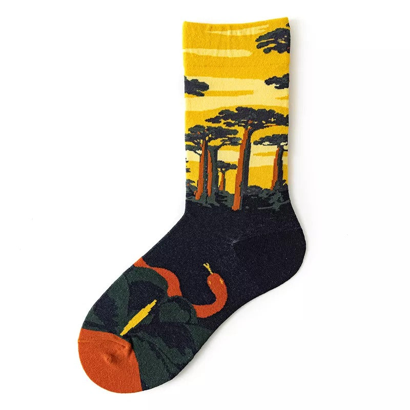 Anysox 5 Pairs Size 5-9 Fashion Long Sock Cartoon Personalized Nature Yellow Forest Painting For Men Woman Winter Warm Comfortable Accessories-Socks-PEROZ Accessories