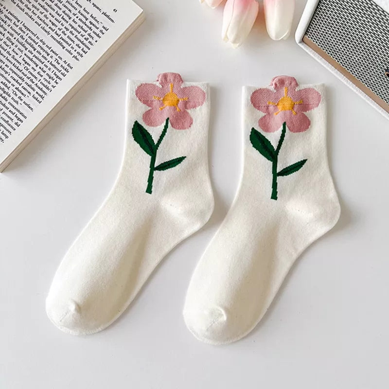 Anysox 5 Pairs One Size 5-8 White Orchid Style Cartoon Flower With Candy Color Kawaii Mid Tube Breathable Casual Short Socks For Women-Socks-PEROZ Accessories
