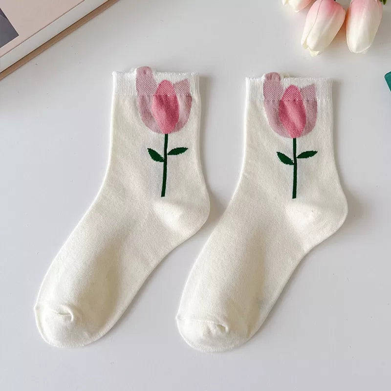 Anysox 5 Pairs One Size 5-8 White Carnation Style Cartoon Flower With Candy Color Kawaii Mid Tube Breathable Casual Short Socks For Women-Socks-PEROZ Accessories
