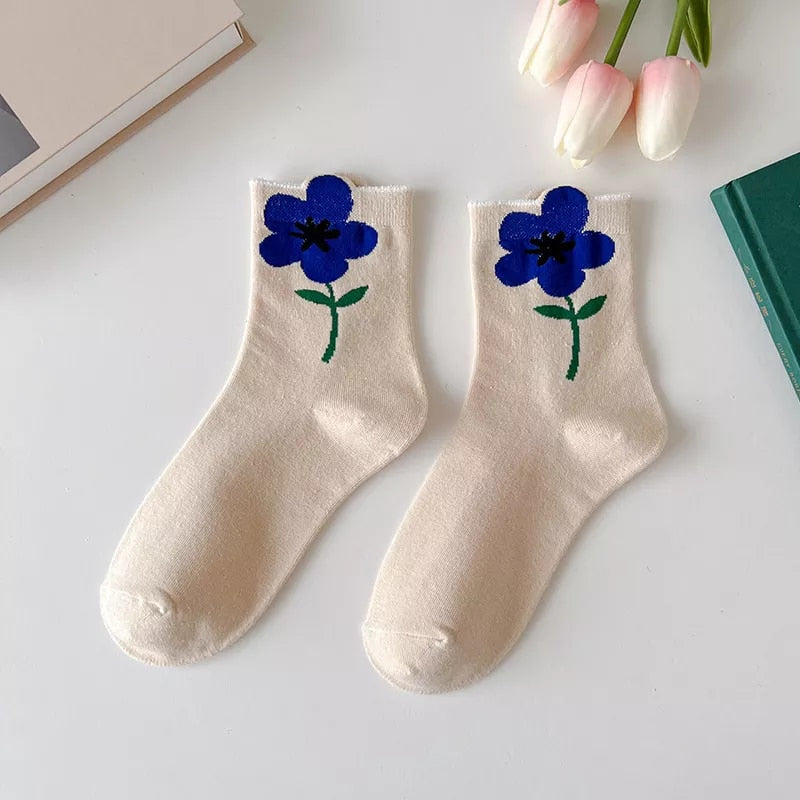 Anysox 5 Pairs One Size 5-8 White Blue Style Cartoon Flower With Candy Color Kawaii Mid Tube Breathable Casual Short Socks For Women-Socks-PEROZ Accessories