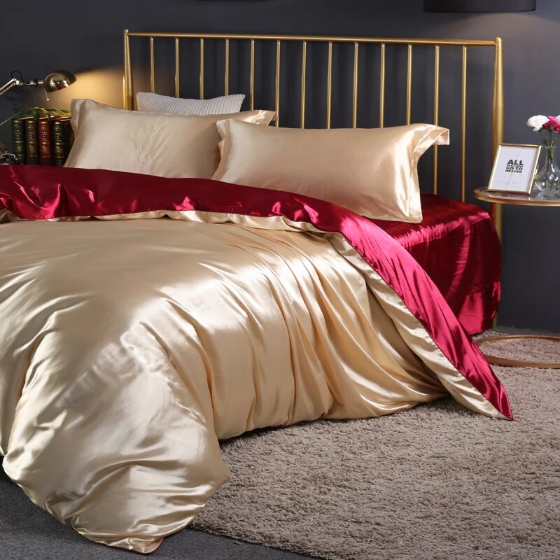 Anyhouz Beddings Beige EU Double Size 3 Pcs High End Satin Smooth Duvet Cover Set Luxury Polyester Silky Soft Cozy Bedding Set-Duvet Covers-PEROZ Accessories