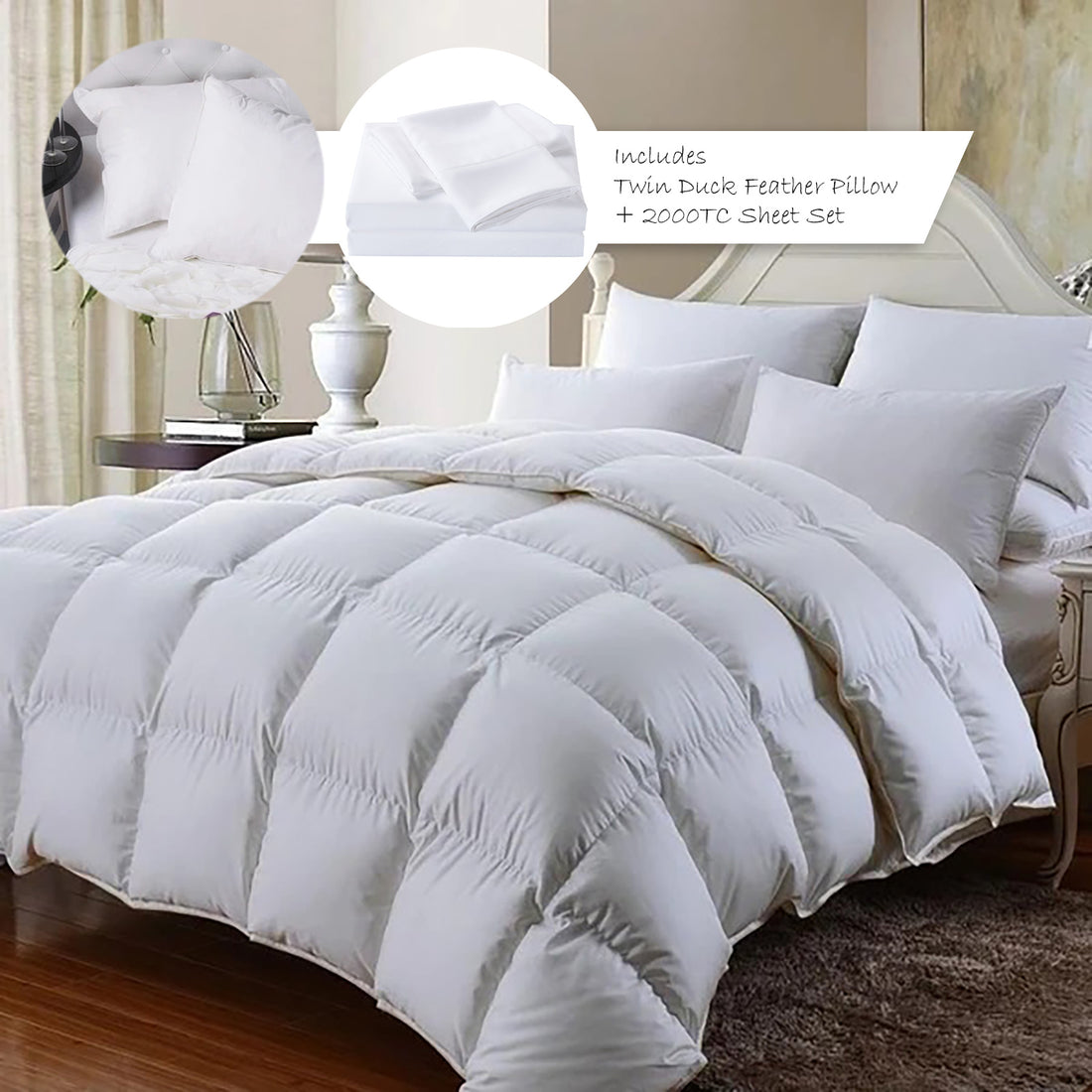 Royal Comfort 350GSM Bamboo Quilt, 2000TC Sheet Set And 2 Pack Duck Pillows Set-Bedding-PEROZ Accessories