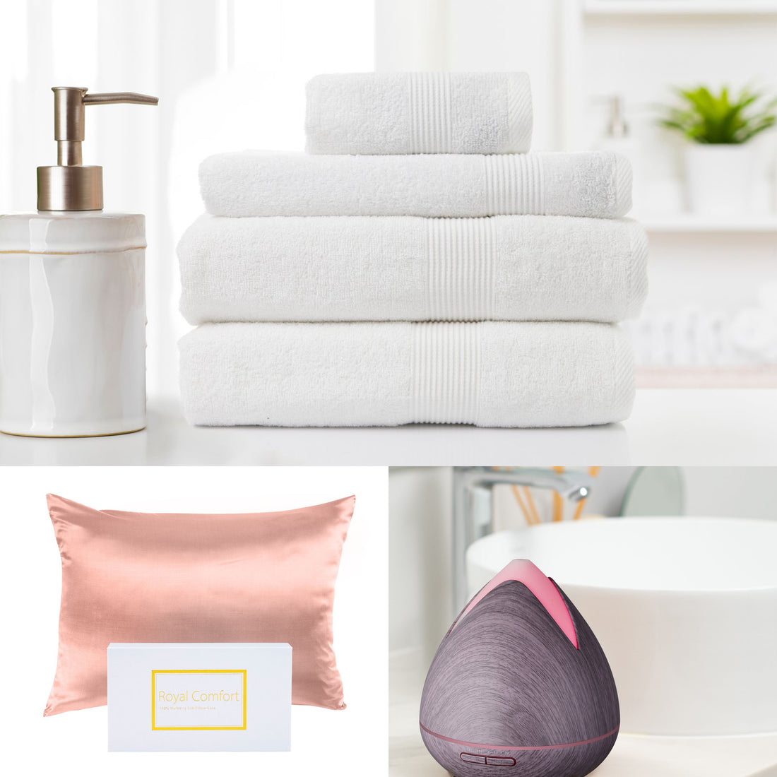 Silk Pillowcase + PureSpa Diffuser Violet + 4 Piece Towel Set Bundle-Bed Linen-PEROZ Accessories