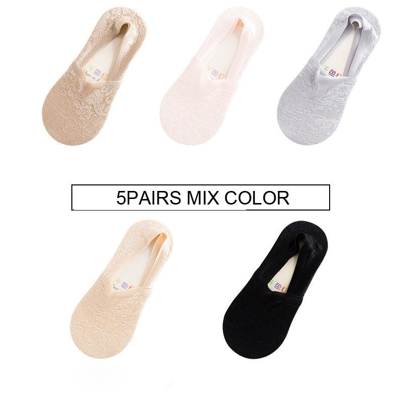 Anysox 5 Pairs Size 5-9 Fashion Socks Lace Flower Style Breathable Antiskid Invisible Ankle Socks for Women (Khaki, Pink, Grey, Beige, Black)-Socks-PEROZ Accessories