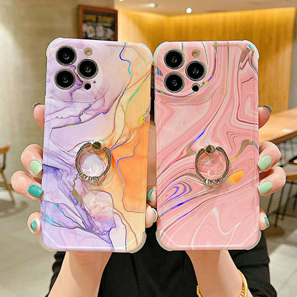 Anymob iPhone Case Black Laser Gradient Glitter Marble Ring Holder Stand Soft Silicone Shockproof Coque Mobile Cover iPhone 12 11 13 Pro Max Compatible-Mobile Phone Cases-PEROZ Accessories