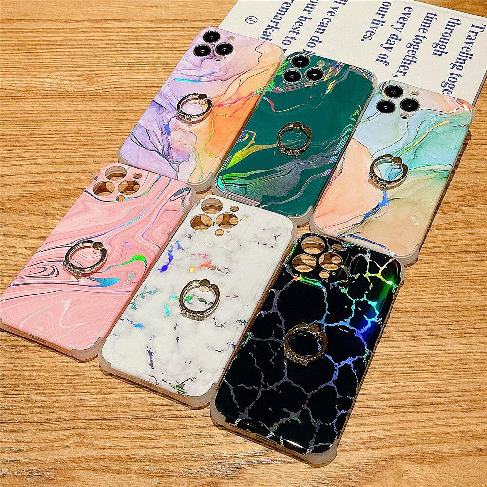 Anymob iPhone Case Black Laser Gradient Glitter Marble Ring Holder Stand Soft Silicone Shockproof Coque Mobile Cover iPhone 12 11 13 Pro Max Compatible-Mobile Phone Cases-PEROZ Accessories