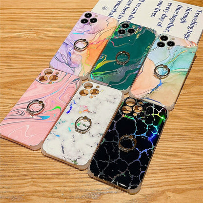 Anymob iPhone Case Black Laser Gradient Glitter Marble Ring Holder Stand Soft Silicone Shockproof Coque Mobile Cover iPhone 12 11 13 Pro Max Compatible-Mobile Phone Cases-PEROZ Accessories