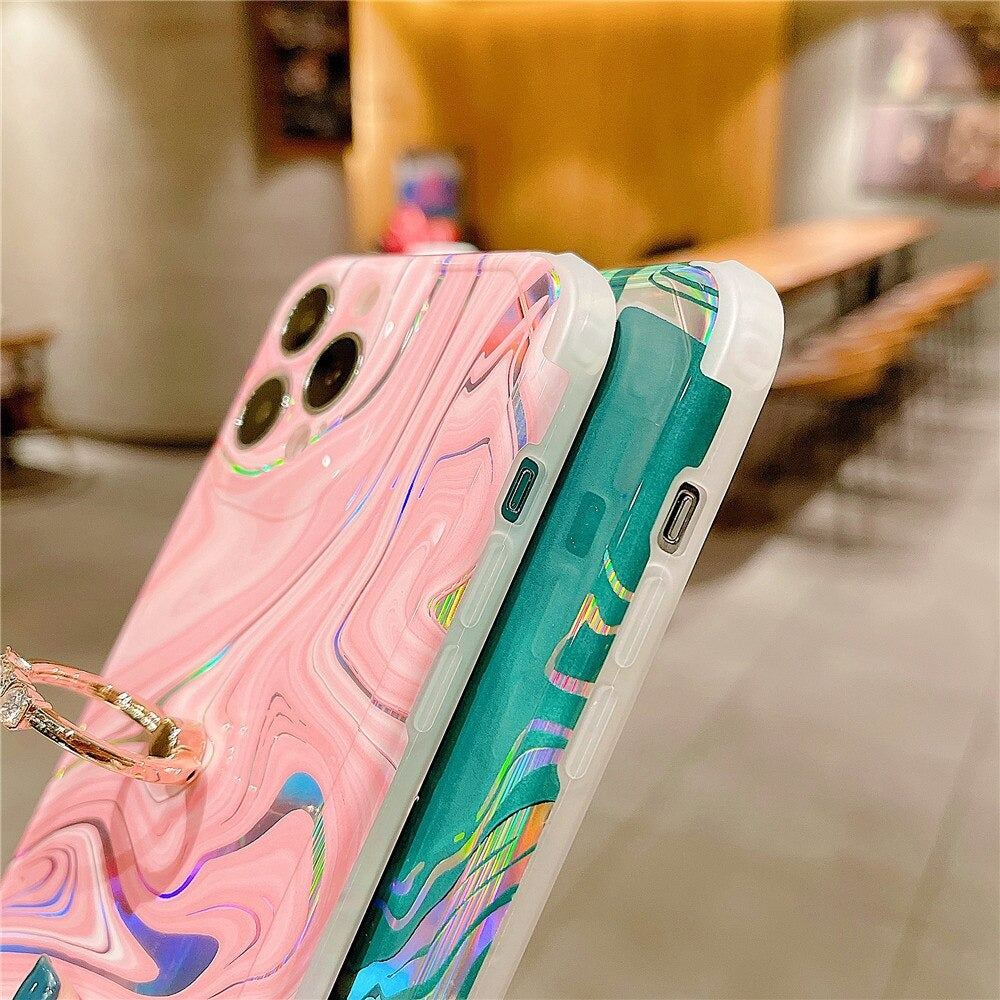 Anymob iPhone Case Black Laser Gradient Glitter Marble Ring Holder Stand Soft Silicone Shockproof Coque Mobile Cover iPhone 12 11 13 Pro Max Compatible-Mobile Phone Cases-PEROZ Accessories