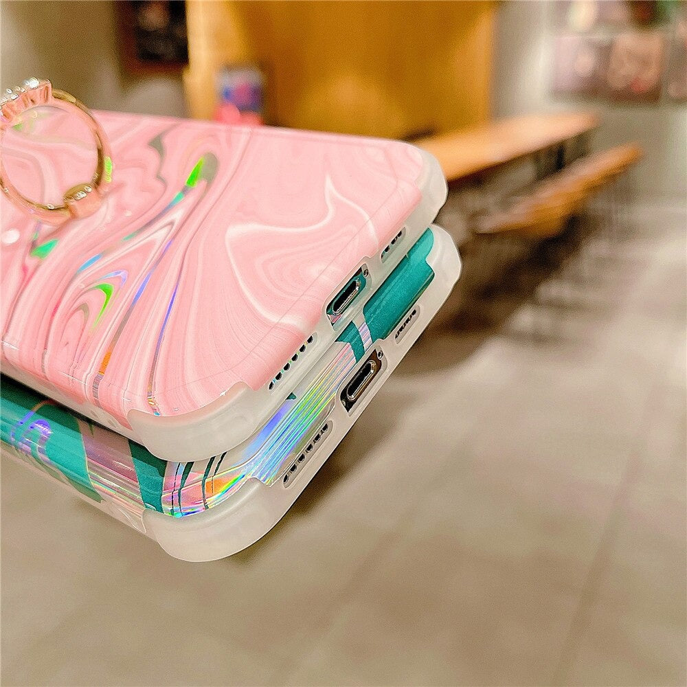Anymob iPhone Case Pink Orange Laser Gradient Glitter Marble Ring Holder Stand Soft Silicone Shockproof Coque Mobile Cover iPhone 12 11 13 Pro Max-Mobile Phone Cases-PEROZ Accessories