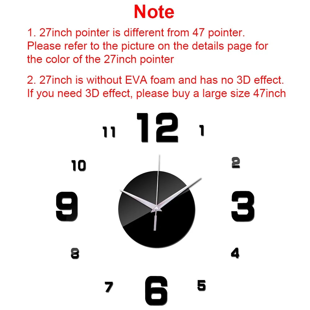 Anyhouz Wall Clock Black Design I 27 Inch 3D Diy Mirror Wall Clock Acrylic Sticker Fashion Quartz Clocks Watch Home Decoration-Wall Clocks-PEROZ Accessories