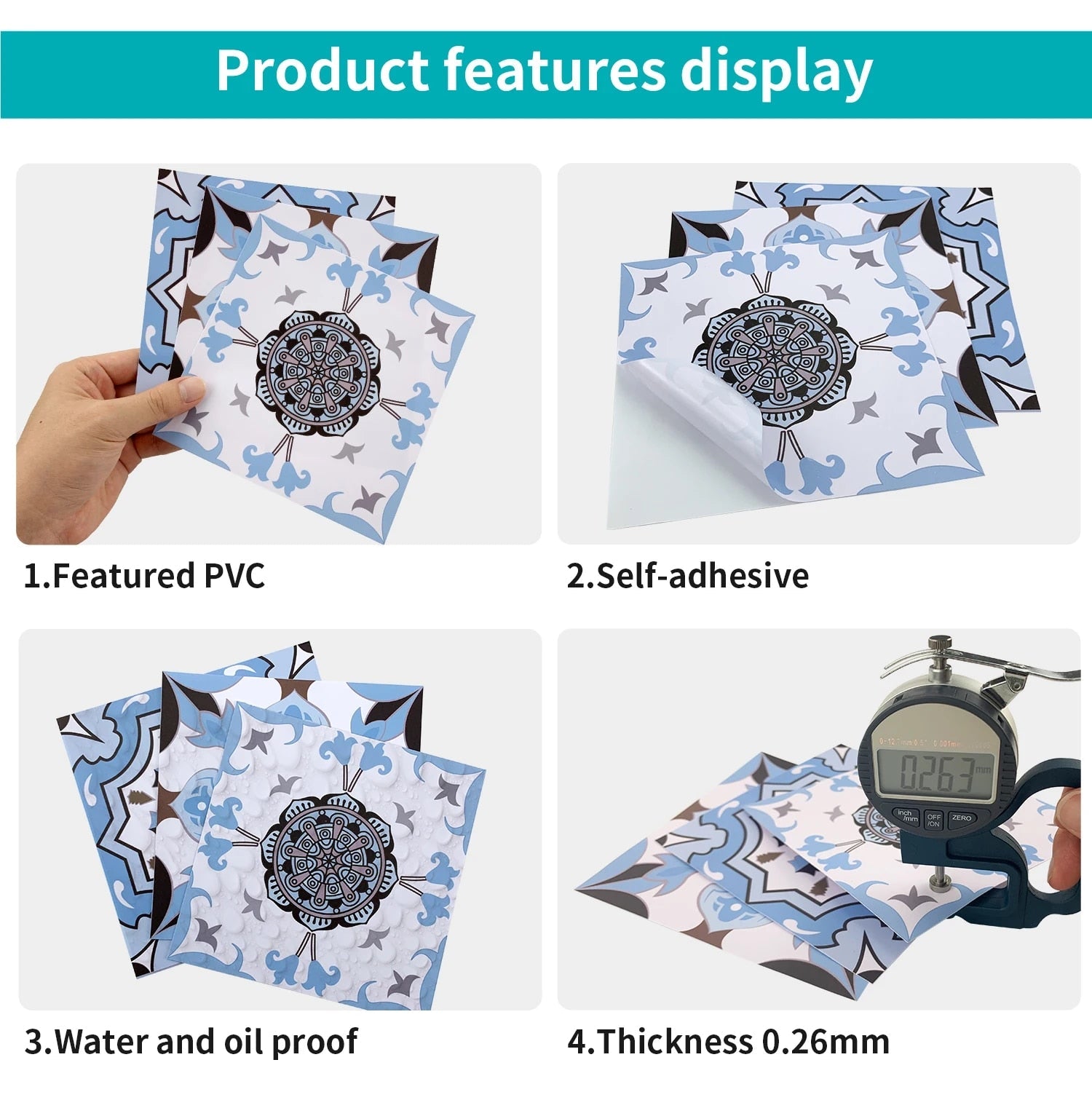 Anyhouz Wallpaper Teal 15cmx15cm 24 Pcs Modern Retro Style PVC Tile Stickers Waterproof Self Adhesive Wall Home Decor-Wallpaper-PEROZ Accessories