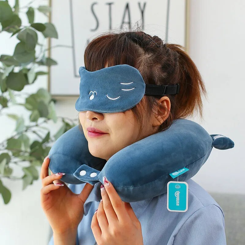 Anypack Neck Pillow Blue Cat Cartoon Memory Cotton U-shaped Soft Fluffy Comfortable Sleep Headrest-Neck Pillow-PEROZ Accessories