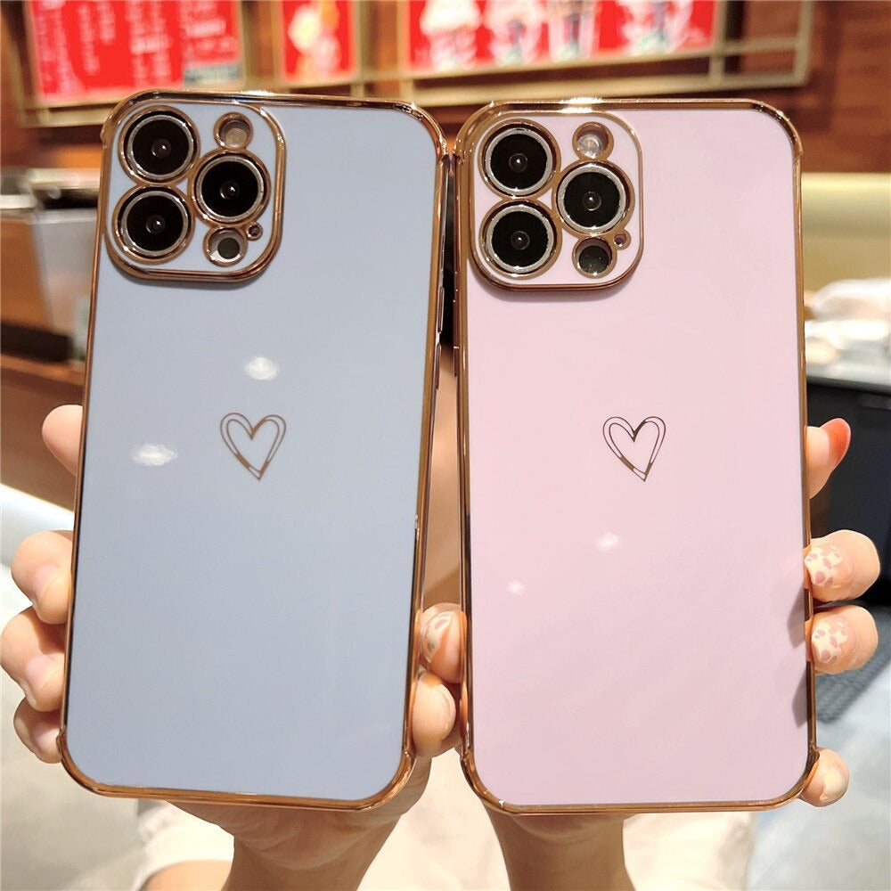 Anymob iPhone Case Dark Blue Love Heart Gold Plating Soft Shockproof Cover iPhone 13 12 11 Pro Max X XS Max XR 12 13 2020 Compatible-Mobile Phone Cases-PEROZ Accessories