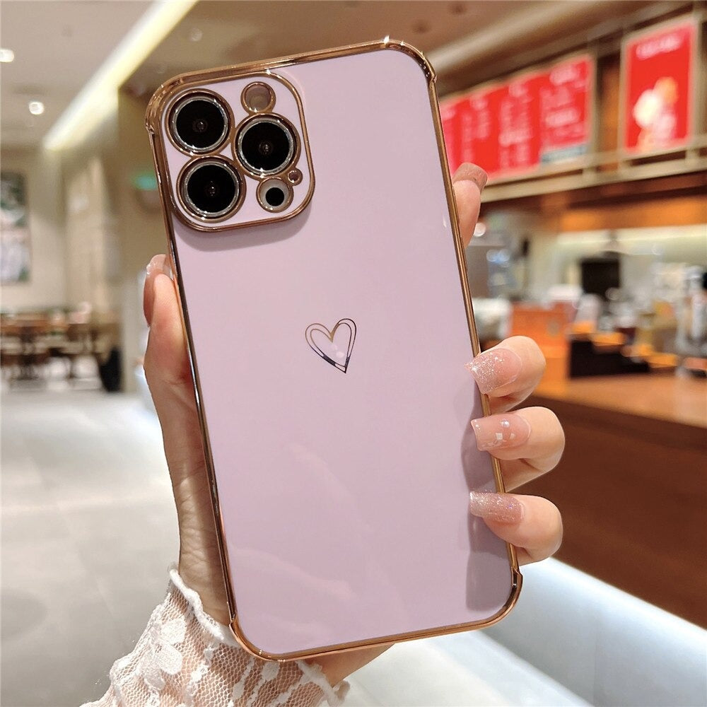 Anymob iPhone Case Light Blue Love Heart Gold Plating Soft Shockproof Cover iPhone 13 12 11 Pro Max X XS Max XR 12 13 2020 Compatible-Mobile Phone Cases-PEROZ Accessories